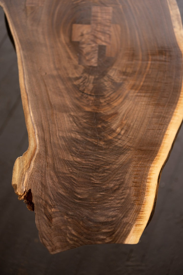 Live Edge Walnut Wood Slab Coffee Table with Turned Legs Patch detail