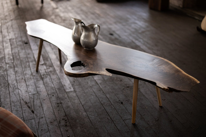 Live Edge Walnut Wood Slab Coffee Table with Turned Legs vases