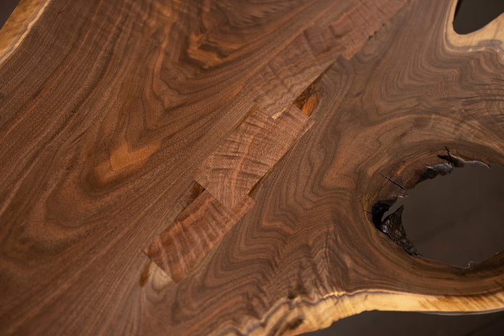 Live Edge Walnut Wood Slab Coffee Table with Turned Legs hole