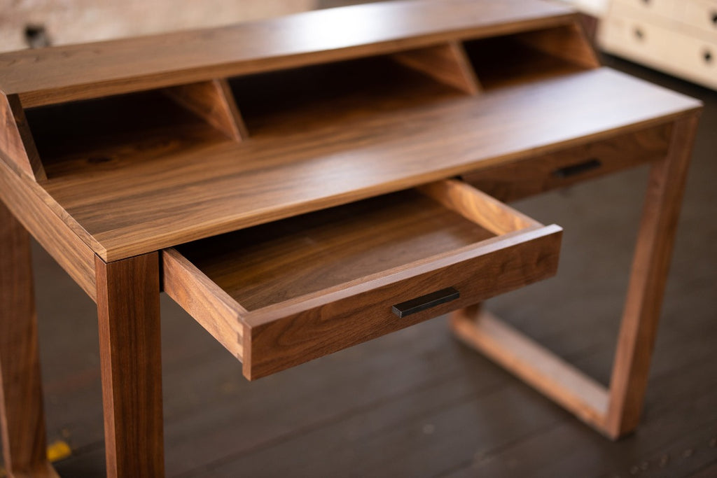 Flagg Desk | Classic Writing Desk or Home Office Computer Desk in Walnut open drawer