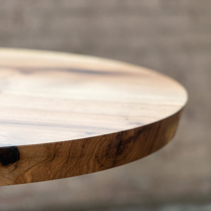 Sunrise Pedestal Base | Round Wood Dining Table with Steel Base Pecan