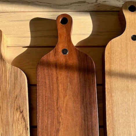 Thick Charcuterie Board Bottle Shape Pecan Walnut White Oak Shadows