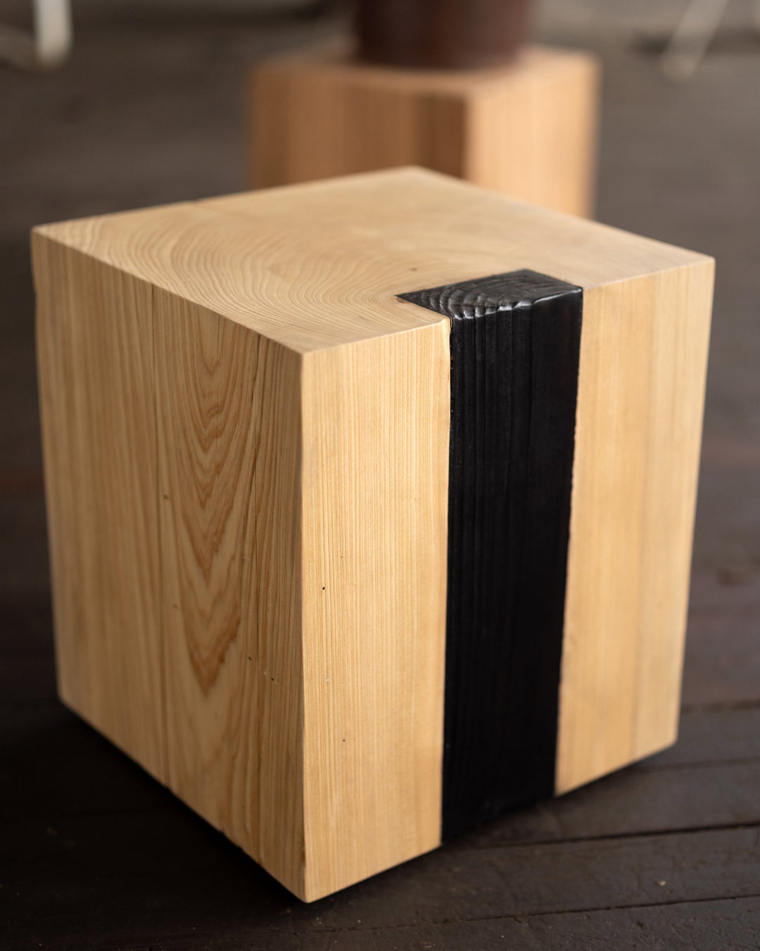 Cypress and Shou Sugi Ban Solid Wood Cube Side Table side view