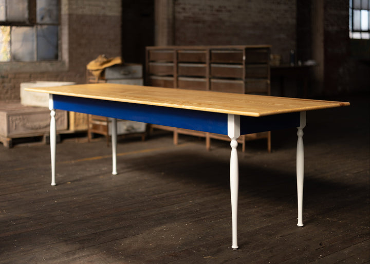 Traditional Pine Farm table with Turned Legs Blue Apron