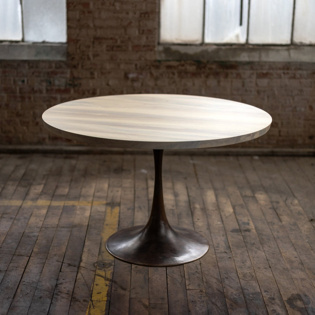 Round Wood and Bronze Pedestal Base Dining Table