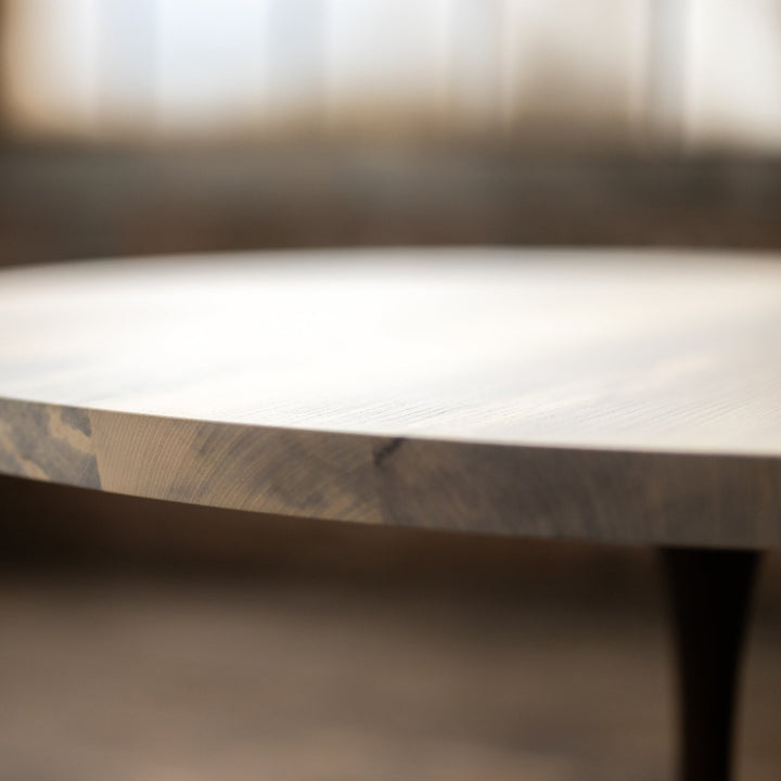 Round Wood and Bronze Pedestal Base Dining Table