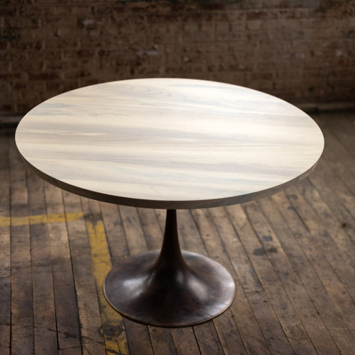 Round Wood and Bronze Pedestal Base Dining Table