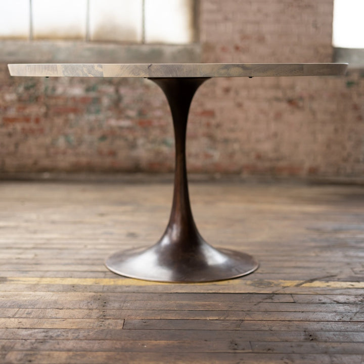 Round Wood and Bronze Pedestal Base Dining Table