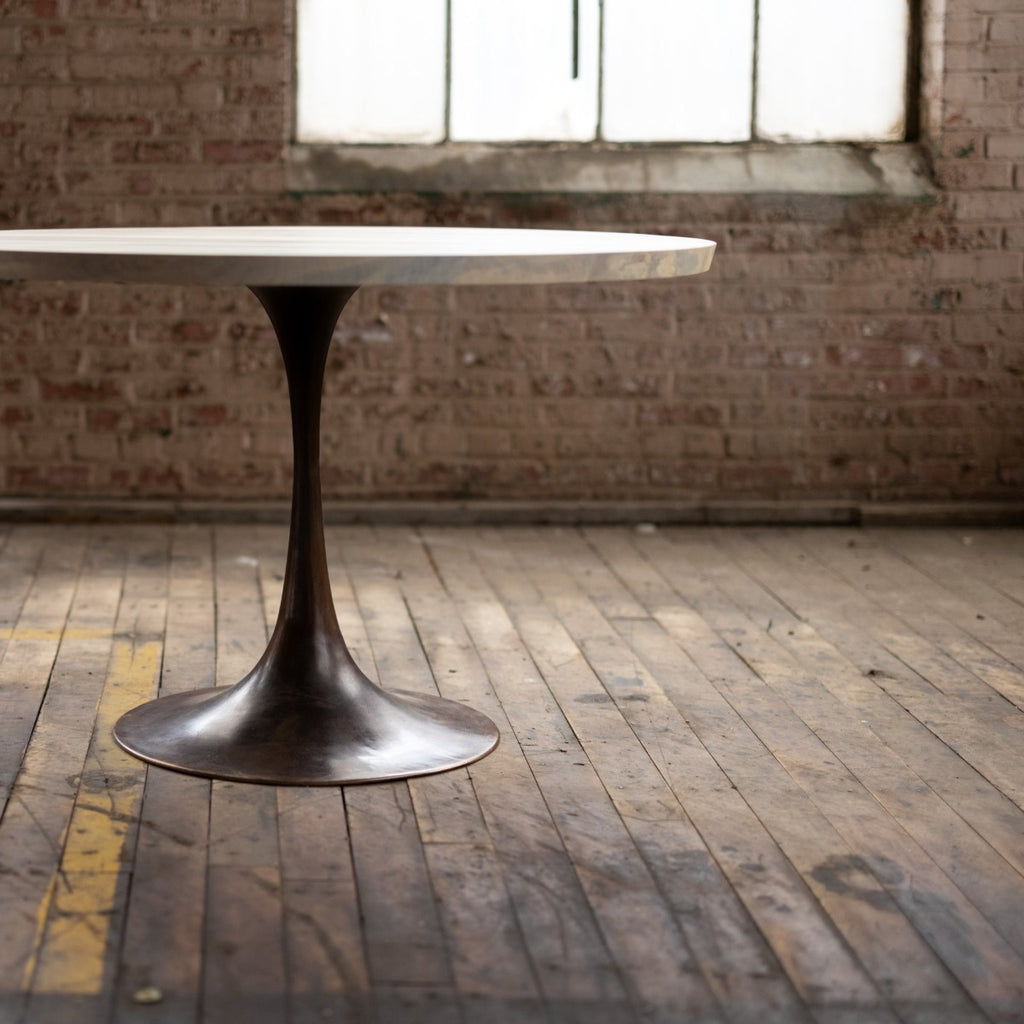 Round Wood and Bronze Pedestal Base Dining Table | Reclaimed Wood Round Dining Table With Cast Bronze "Amicalola" Base