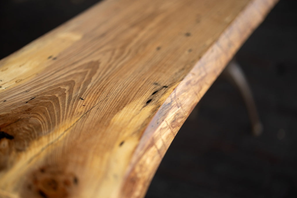 Live Edge Urban Wood and Cast Bronze Console Table | Lakehouse Pedestal Table White Oak Grain