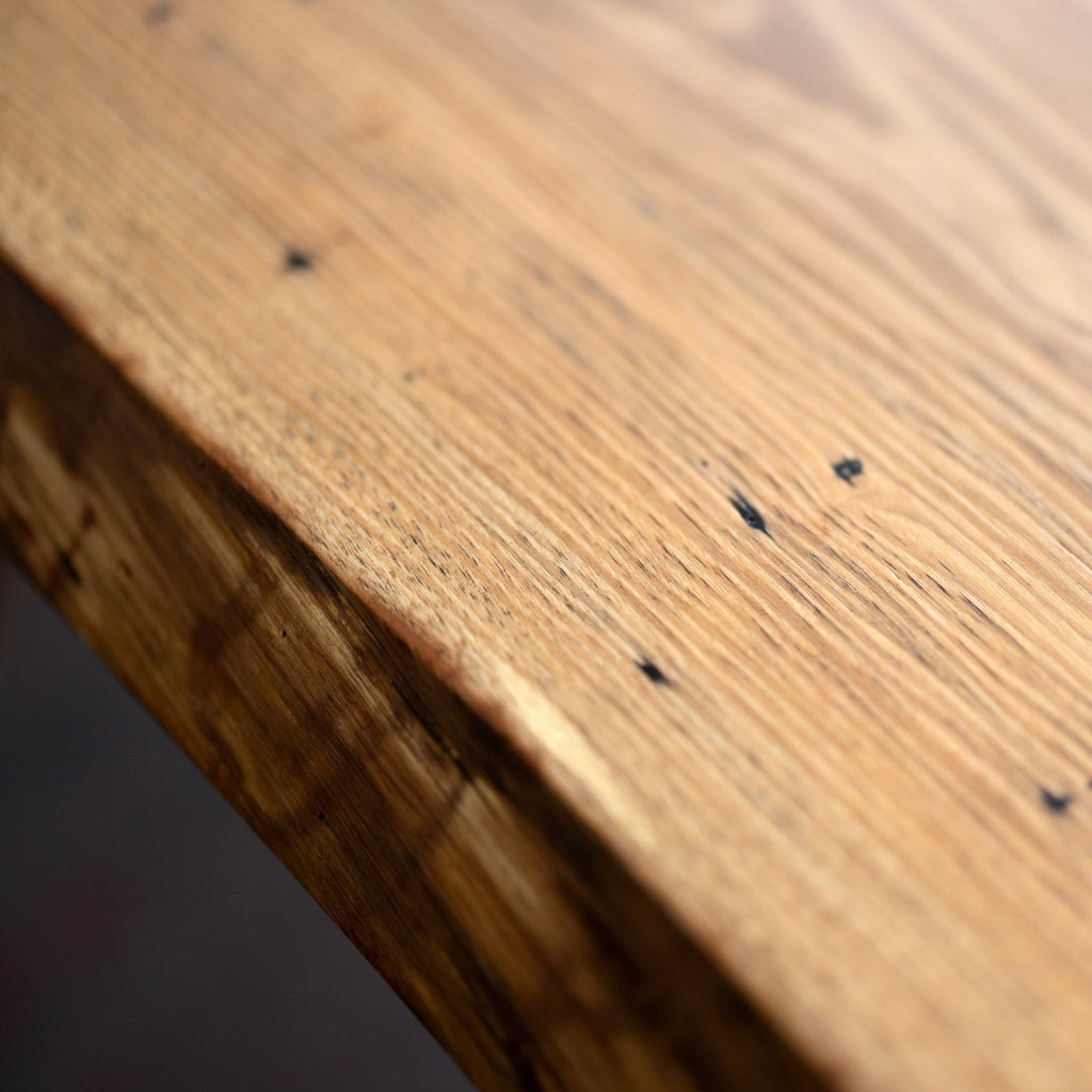 Live Edge Urban Wood and Cast Bronze Console Table | Lakehouse Pedestal Table White Oak Worm Holes