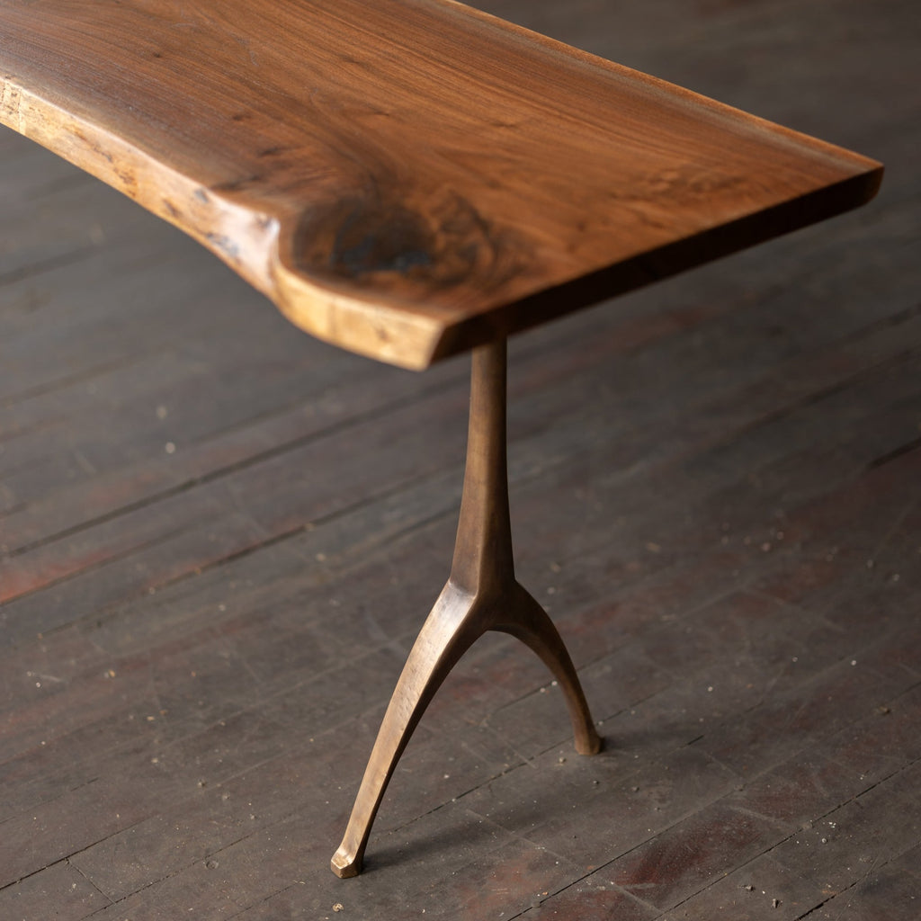 Live Edge Urban Wood and Cast Bronze Console Table | Lakehouse Pedestal Table walnut