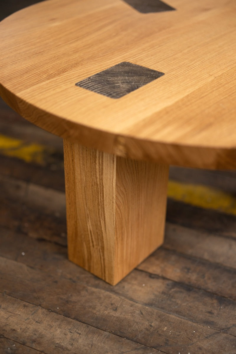 white oak and bronze coffee table round 36 inch primitive legs
