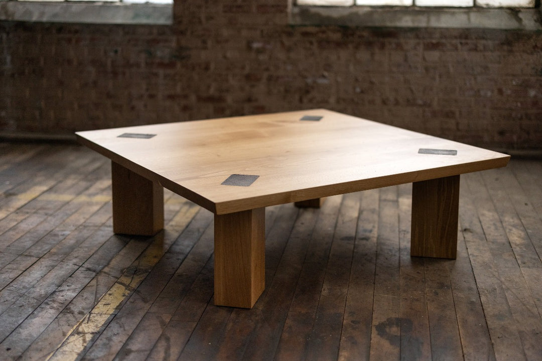 Large Square Wood Coffee Table with Bronze Details Winston White Oak