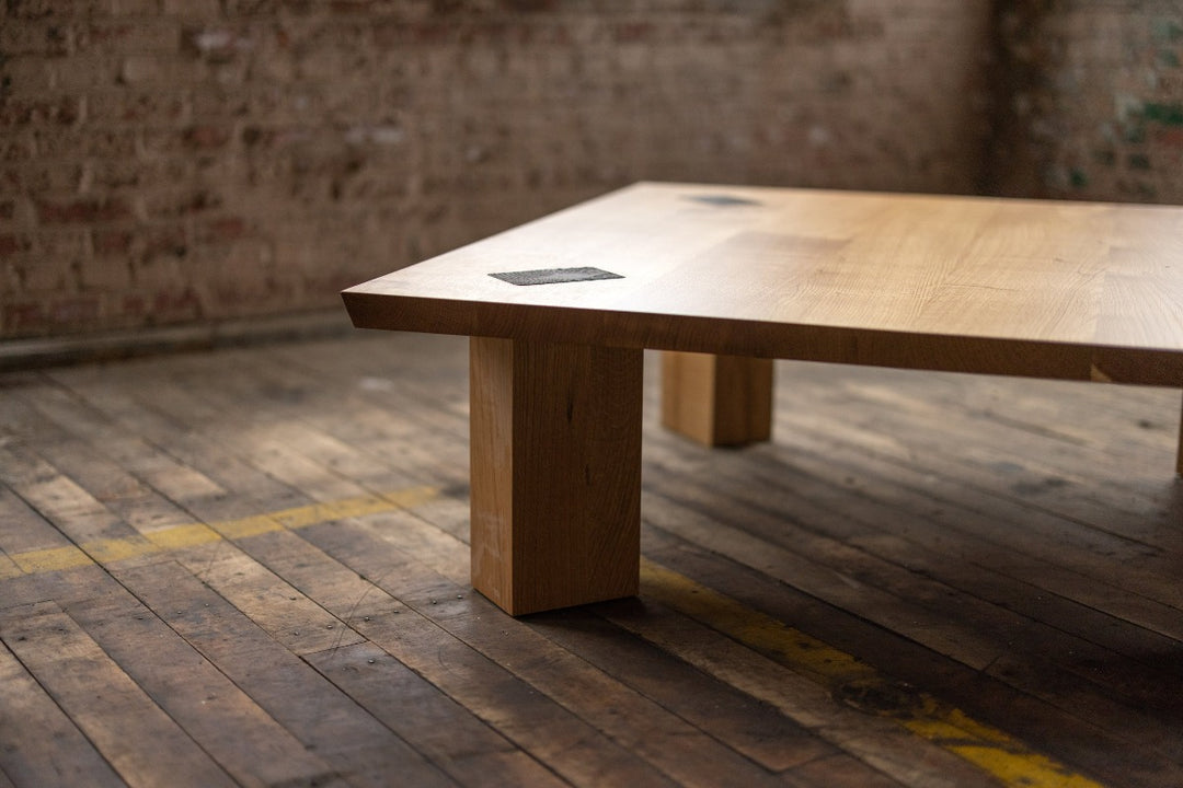 Large Square Wood Coffee Table with Bronze Details Winston White Oak Corner