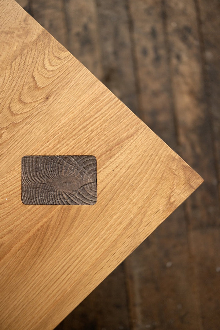 Large Square Wood Coffee Table with Bronze Details Winston White Oak Top View