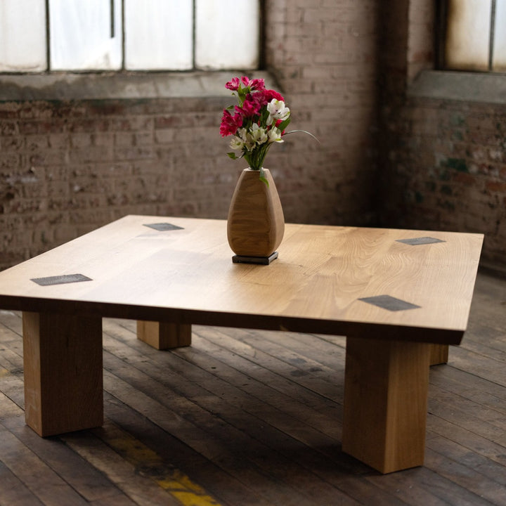 Large Square Wood Coffee Table with Bronze Details Winston White Oak Vase with flowers