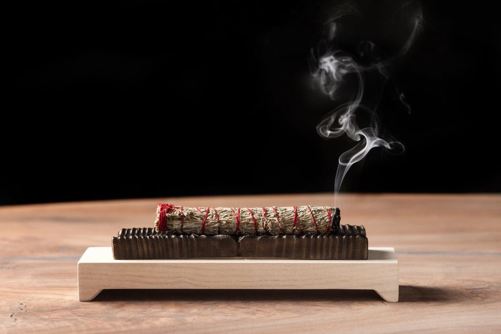 Wooden Incense Holder with Bronze Casting - sage smudge stick smoking