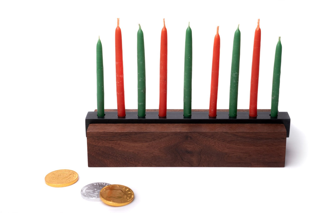 Wood and Steel Menorah with green and red candles