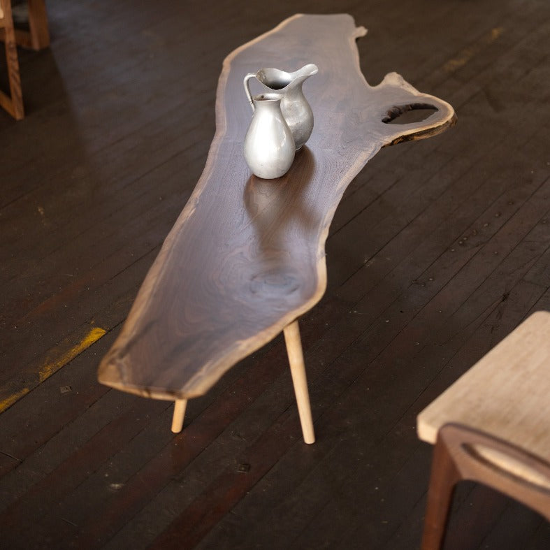 Live Edge Walnut Wood Slab Coffee Table with Turned Legs in room