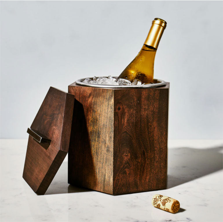 Unique Wooden Ice Bucket in Blackened Cherry MCM holding wine