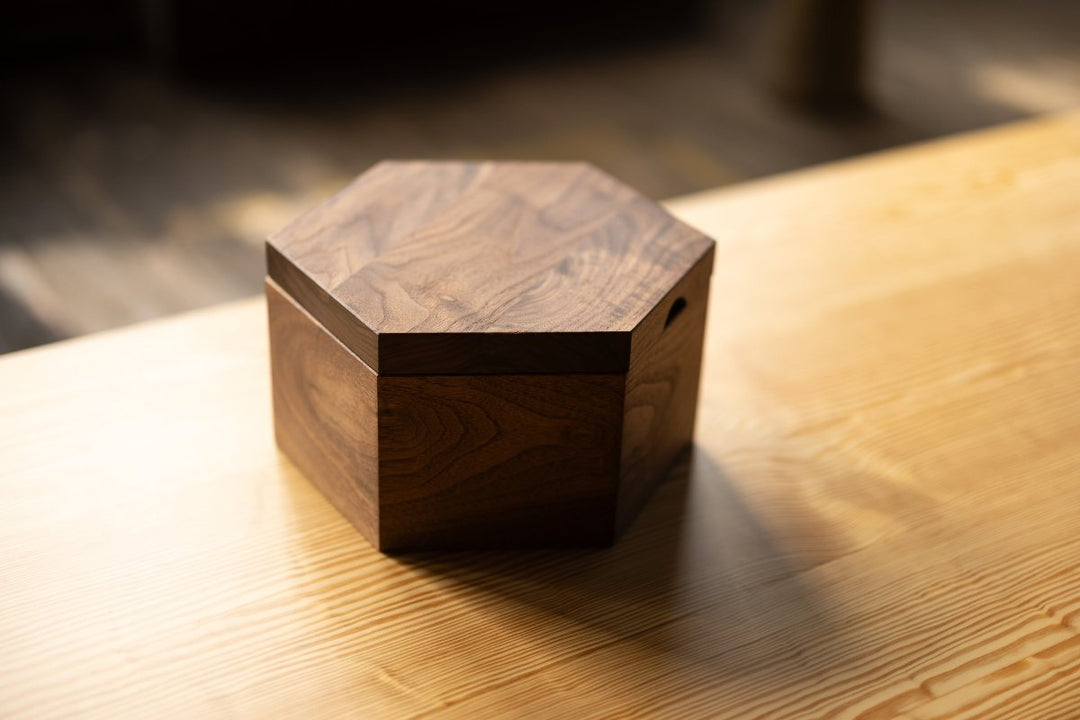 Hexagon Bread Box with Removable Lid in Urban Wood walnut wood