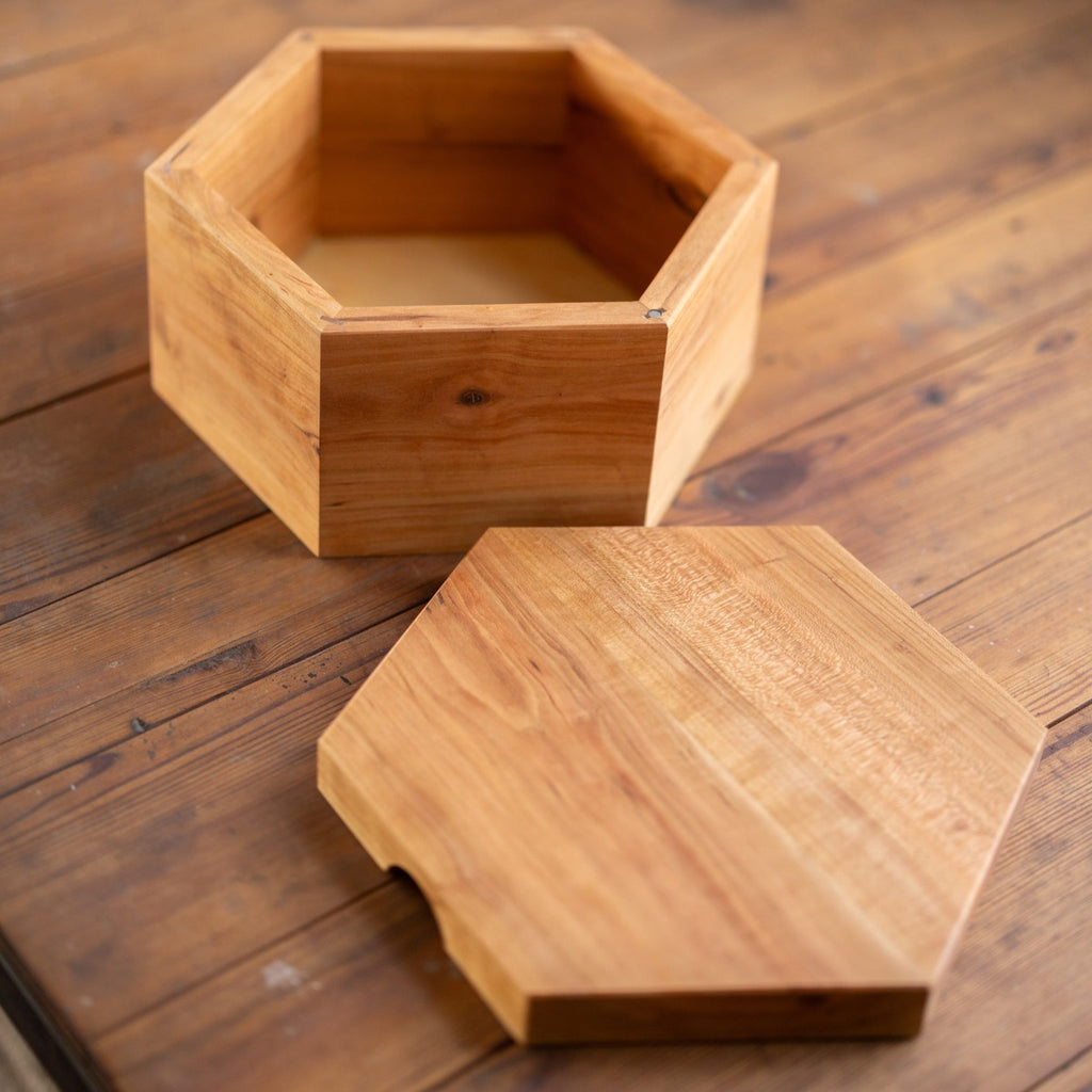 Hexagon Bread Box with Removable Lid in Urban Wood Cherry Lid Off