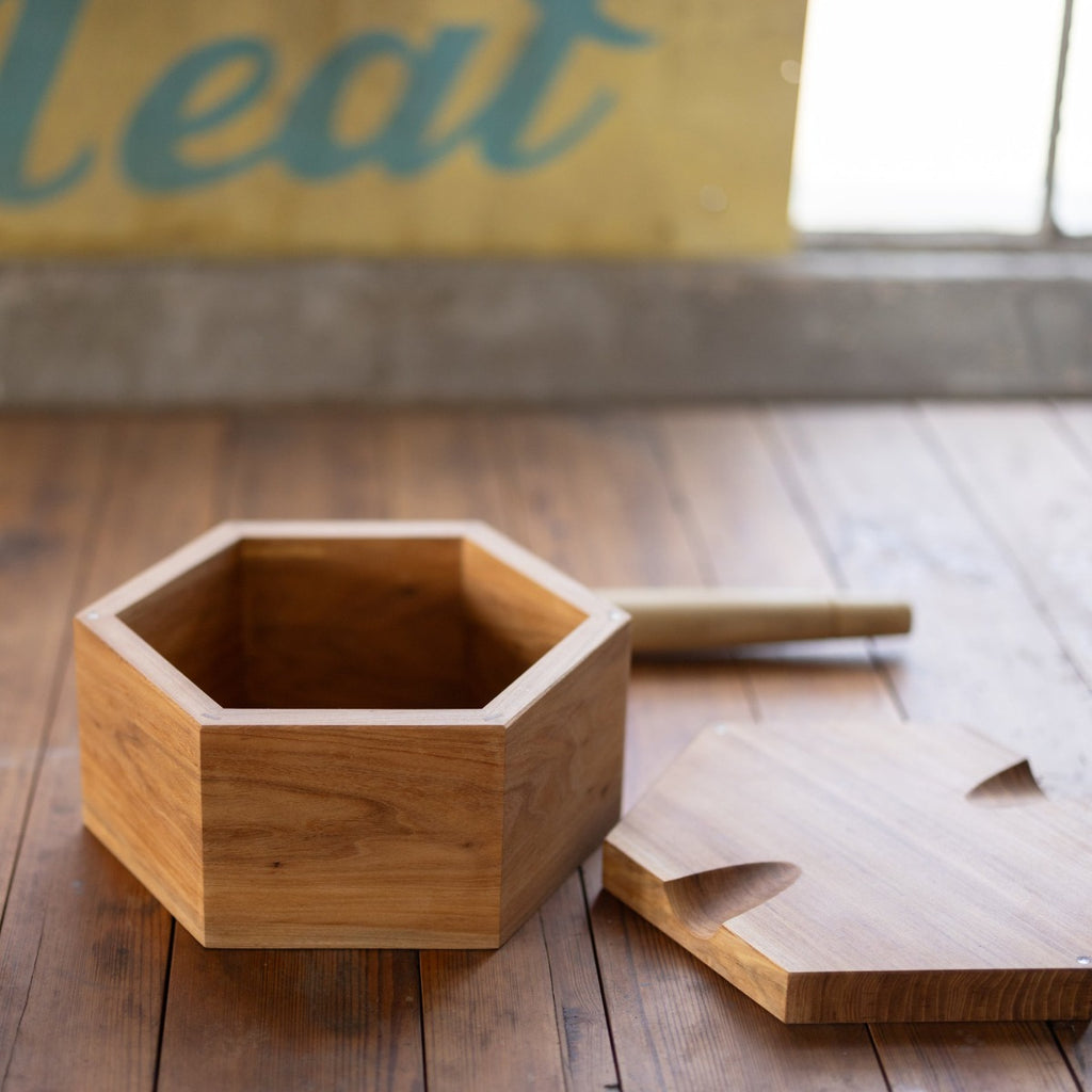 Hexagon Bread Box with Removable Lid in Urban Wood Elm Rolling Pin