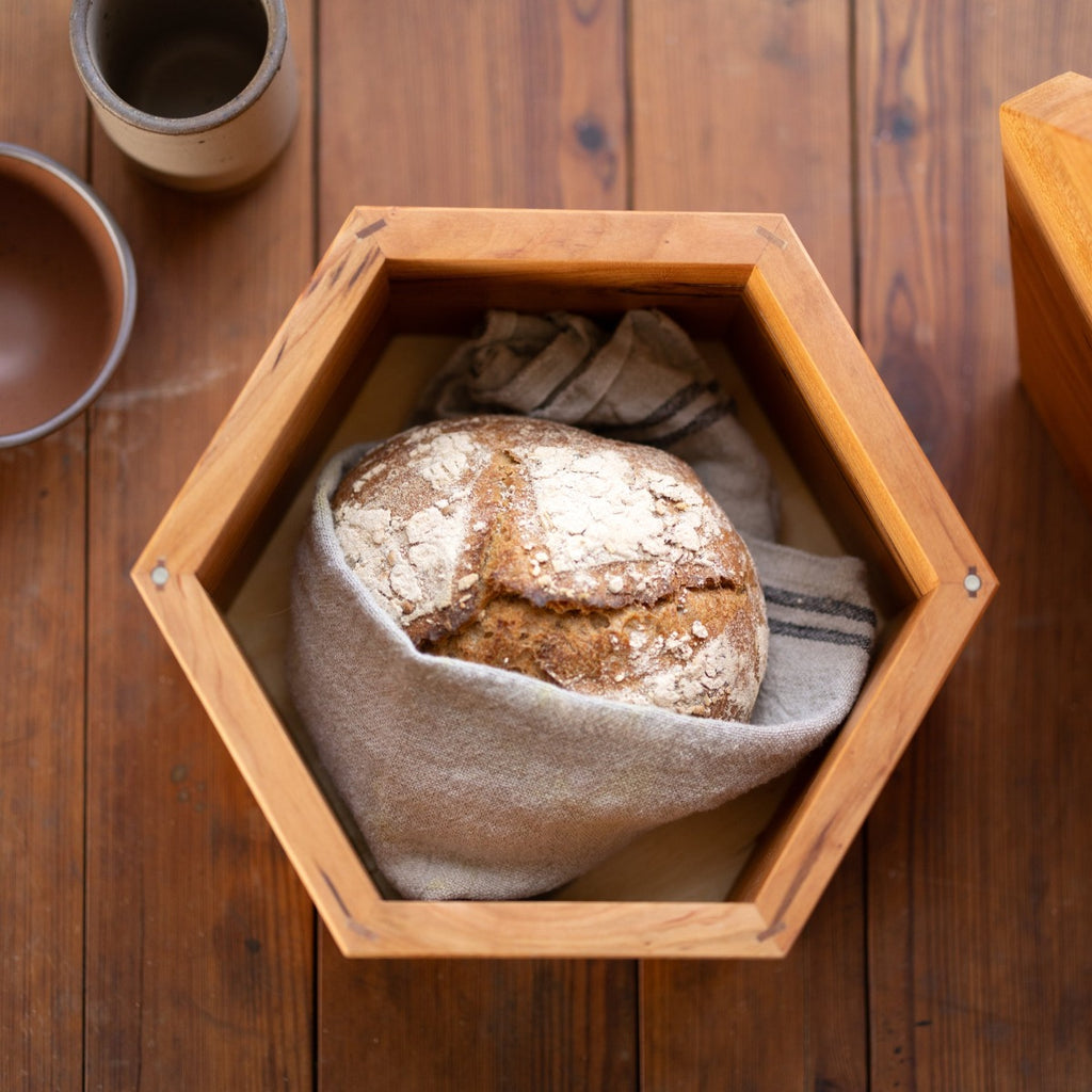 Hexagon Bread Box with Removable Lid in Urban Wood Cherry Mug Bowl Bread