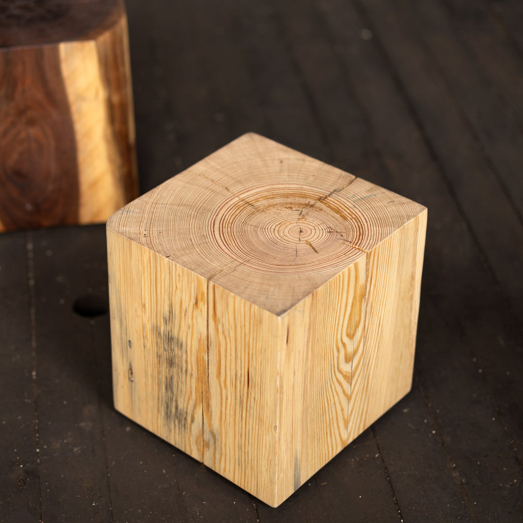 Hyo Table Natural | Pine Wood Cube Side Table walnut in background
