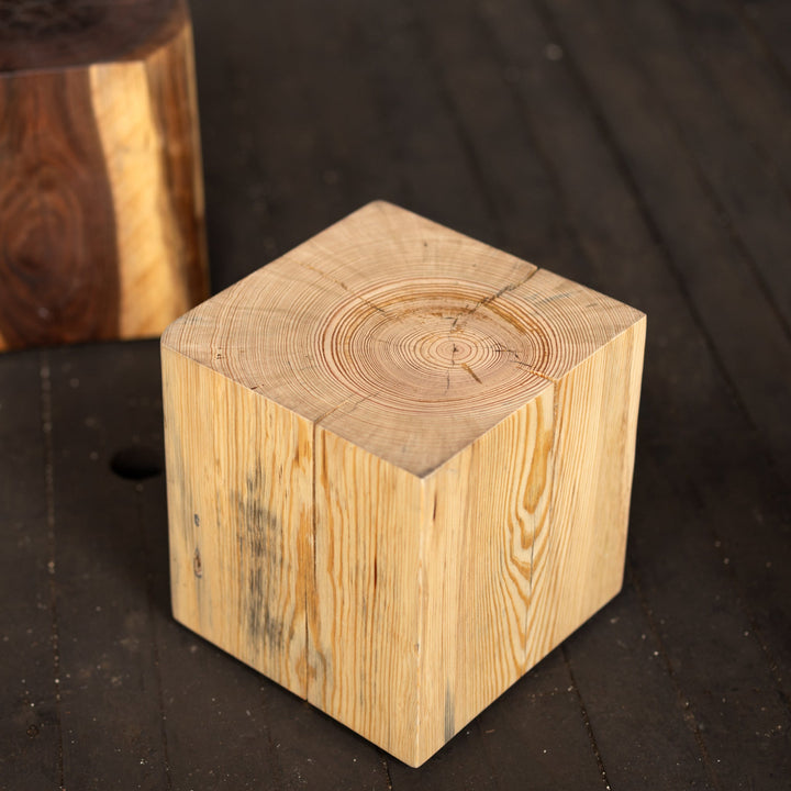 Hyo Table Natural | Pine Wood Cube Side Table walnut in background