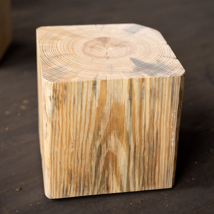 Hyo Table Natural | Pine Wood Cube Side Table blue strapping