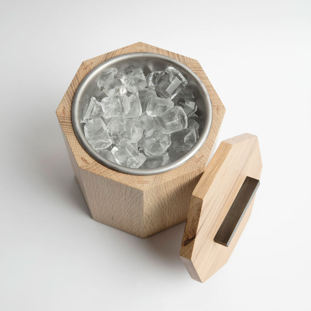 Unique Wooden Ice Bucket in White Oak Plan View with Ice