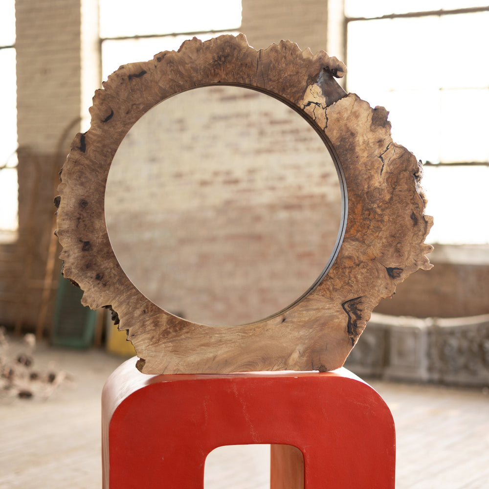 Walnut Burl Wood Mirror One of a Kind in a stand