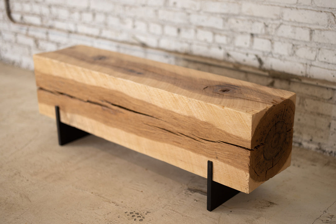 Hickory Wood Knife Beam Bench | Reclaimed Solid Wood Bench Cracks