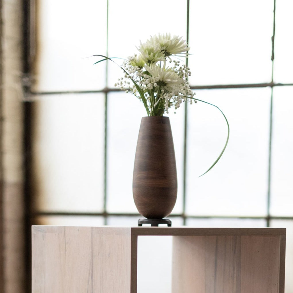 Walnut Wooden Vase with Bronze Base