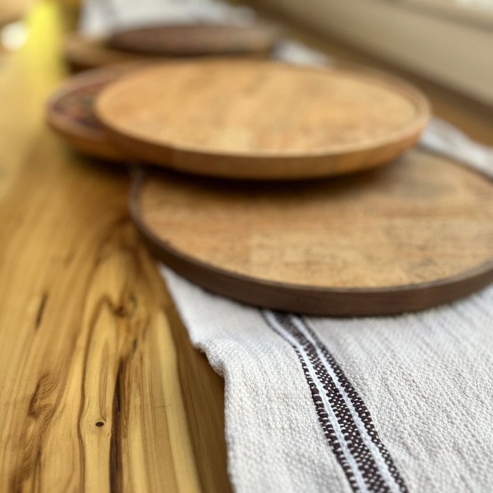 Round Wood and Cork Beverage Tray Linen