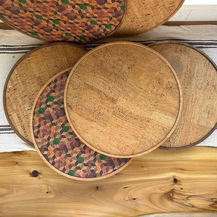 Round Wood and Cork Beverage Tray Group