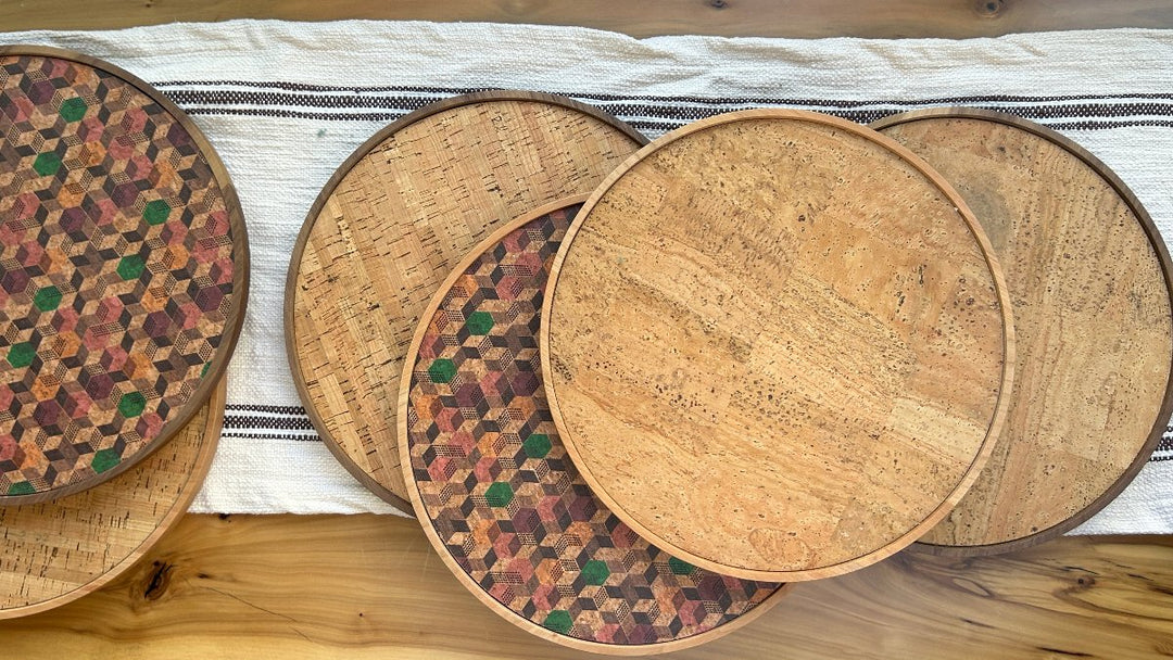 Round Wood and Cork Beverage Tray Top View Group