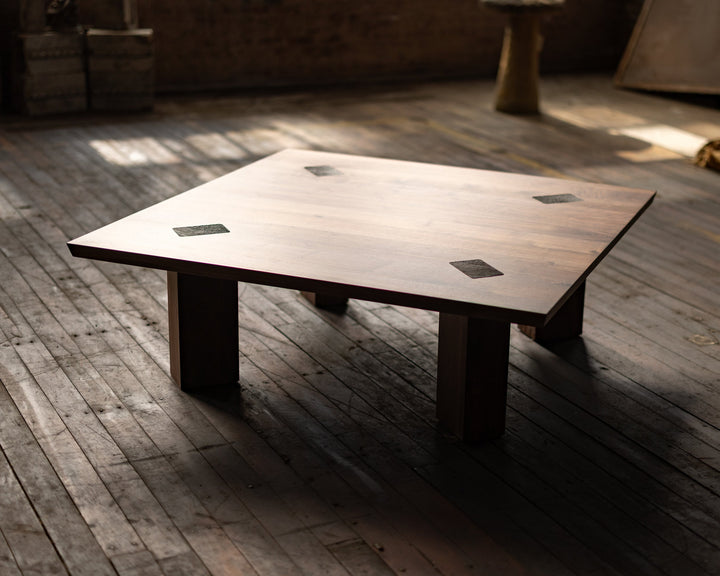 Square Walnut Coffee Table with Bronze Details 