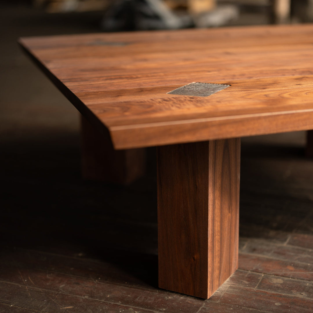 Square Walnut Coffee Table with Bronze Details Leg Chumky