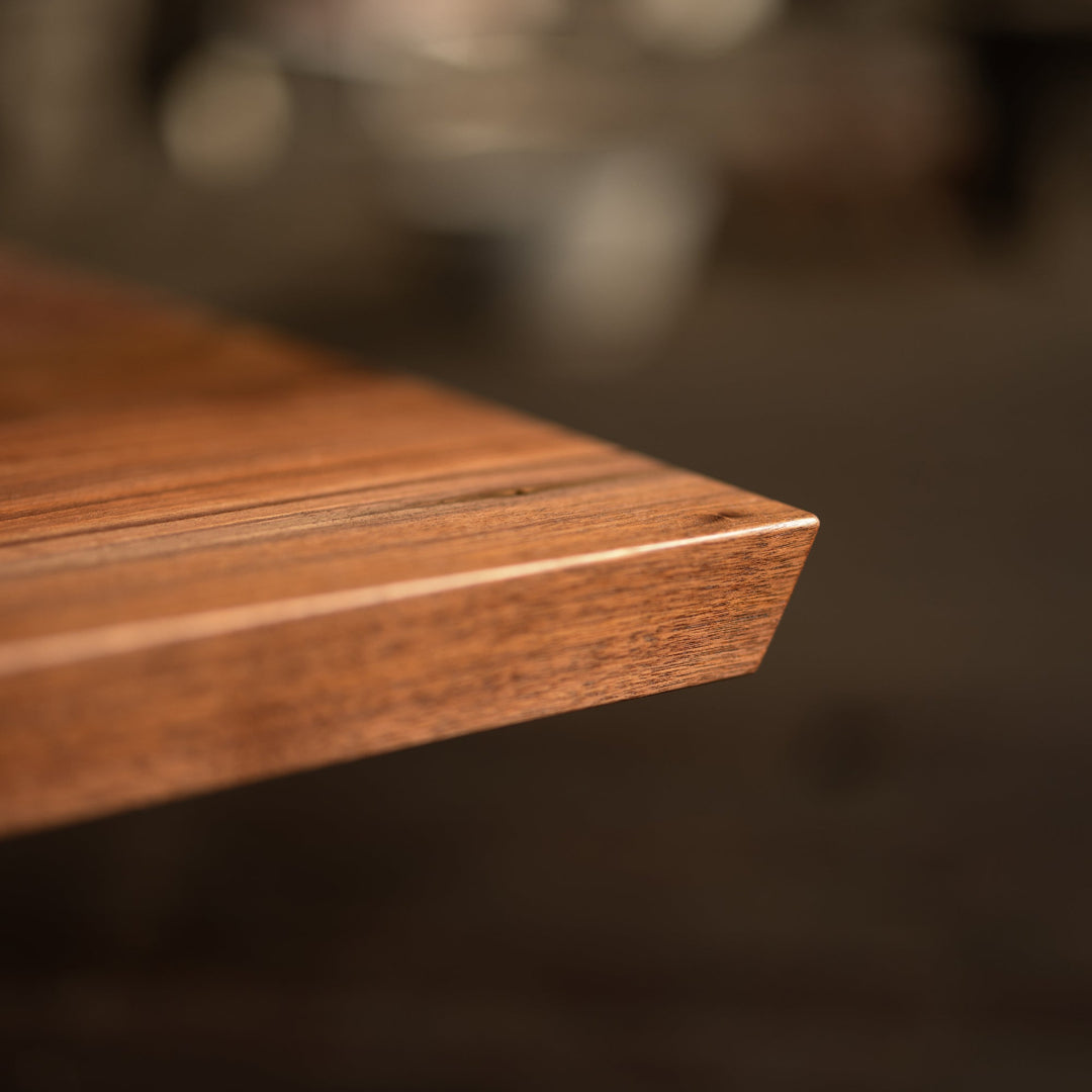 Square Walnut Coffee Table with Bronze Details Corner Angle