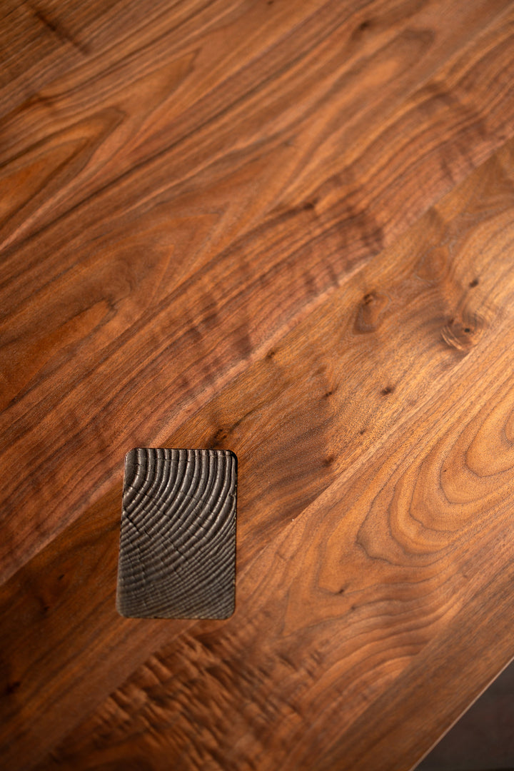 Square Walnut Coffee Table with Bronze Details  Top View