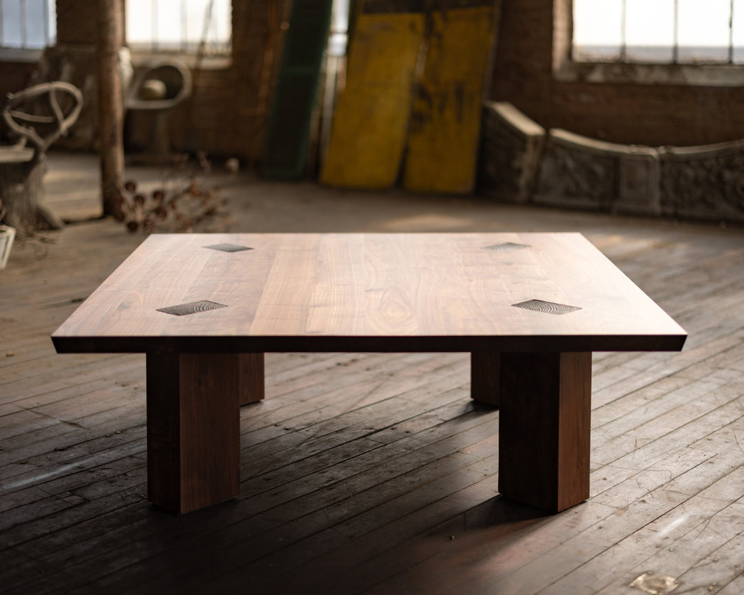 Square Walnut Coffee Table with Bronze Details 
