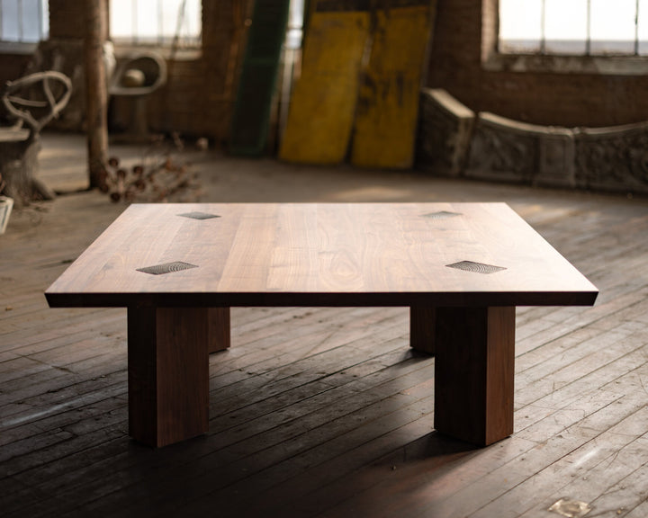 Square Walnut Coffee Table with Bronze Details 