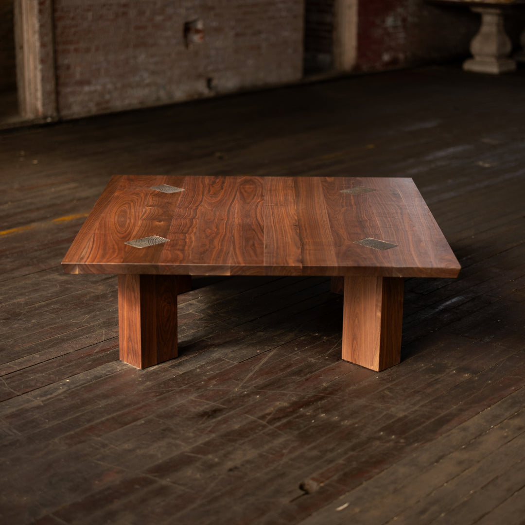 Square Walnut Coffee Table with Bronze Details Wood