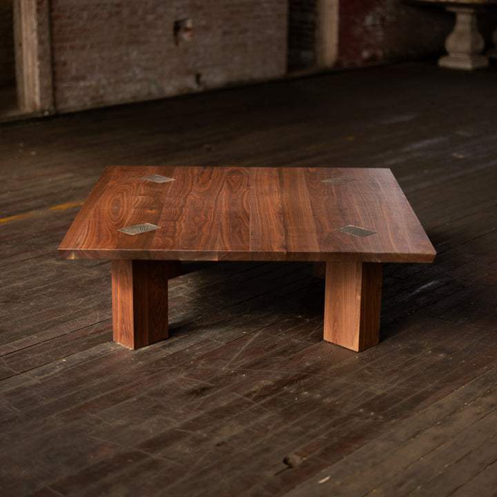 Square Walnut Coffee Table with Bronze Details Wood
