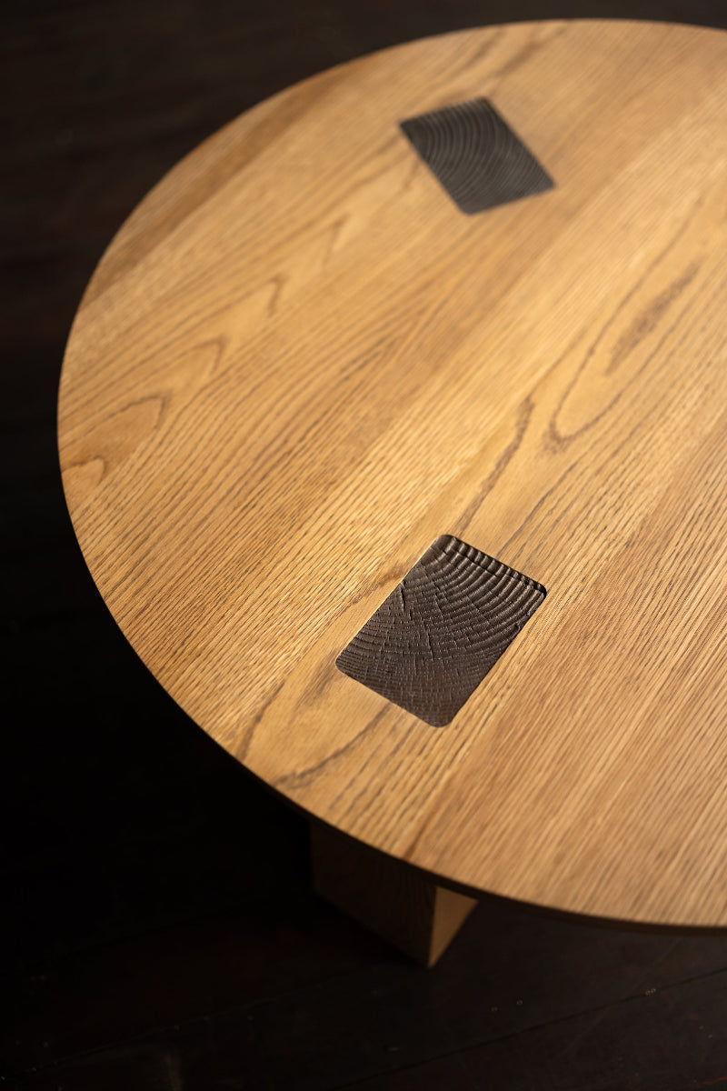 Round Wood and Bronze Coffee Table Toast Finish