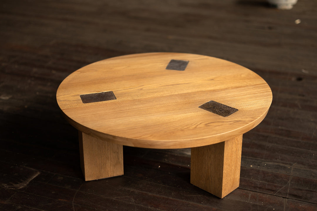 Round Wood and Bronze Coffee Table 