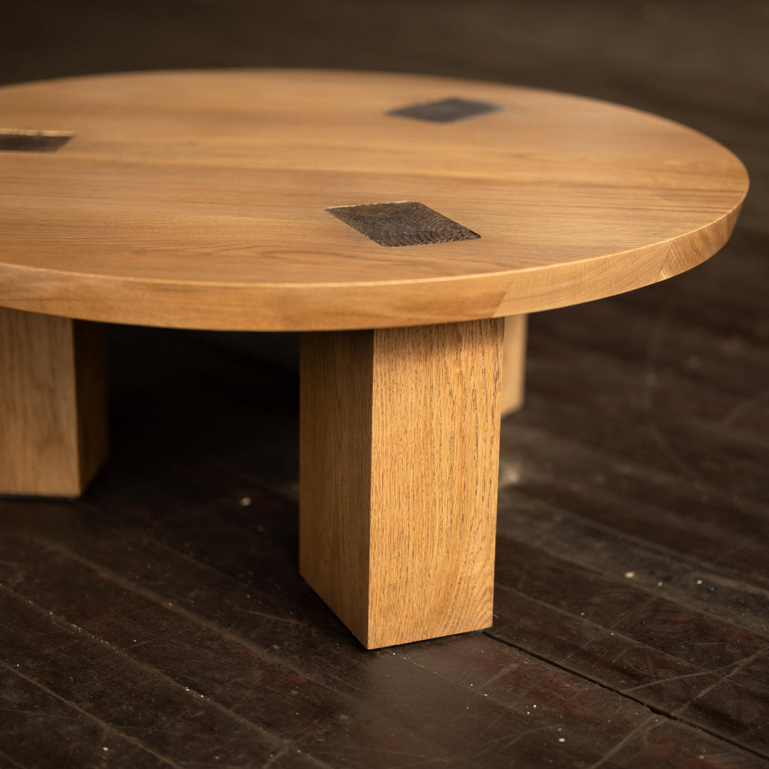 Round Wood and Bronze Coffee Table Chunky Leg